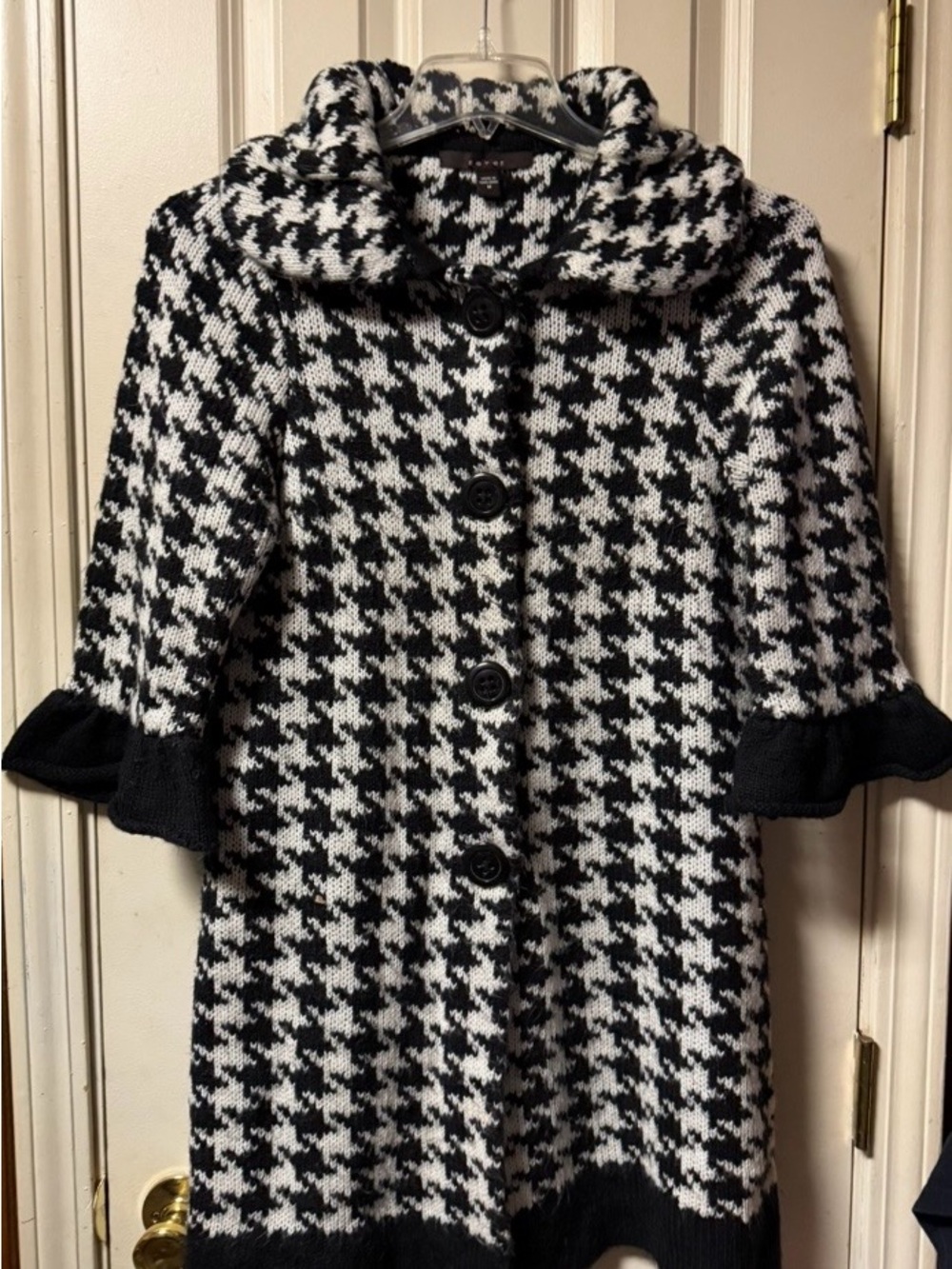 Women’s ~ Coatigan Coat ~ Black White Houndstooth ~ Mid-Length ~ 3/4 Sleeve